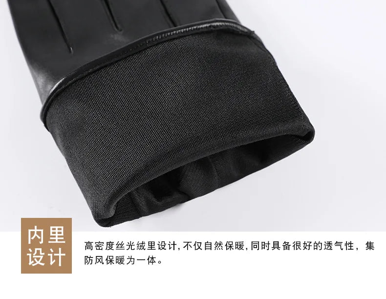 Guantes 100% de piel auténtica para hombre, guantes cálidos de lana para conducir, ciclismo, pantalla táctil, guantes de invierno de capa superior de piel de oveja, guantes de negocios