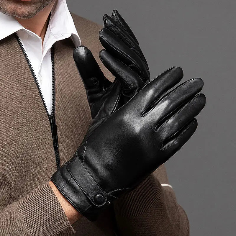 Guantes 100% de piel auténtica para hombre, guantes cálidos de lana para conducir, ciclismo, pantalla táctil, guantes de invierno de capa superior de piel de oveja, guantes de negocios