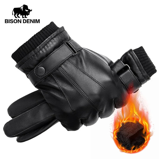 Guantes BISON DENIM de piel de oveja auténtica para hombre, guantes negros cálidos con pantalla táctil para otoño e invierno, guantes negros de alta calidad S019